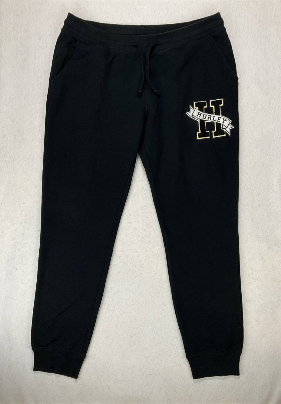 Hurley Sweatpants Mens XL Black Logo Jogger Pockets Drawstring Varsity Letter